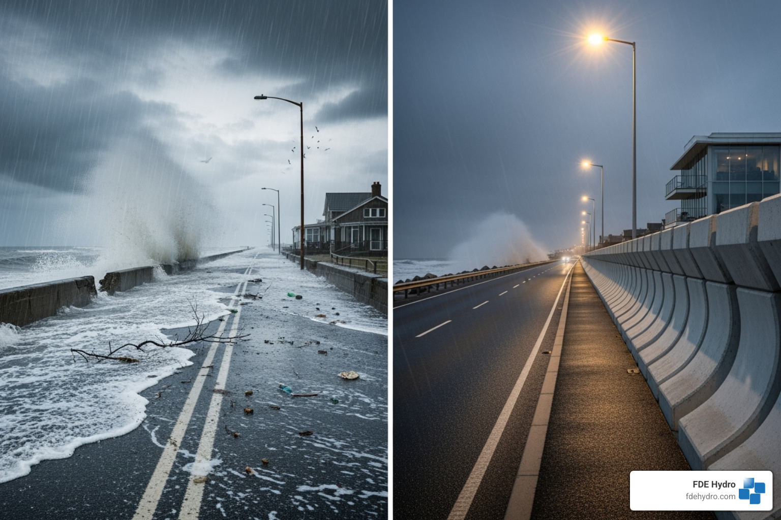 contrasting flooded coastal road with resilient modular sea wall - sustainable infrastructure development