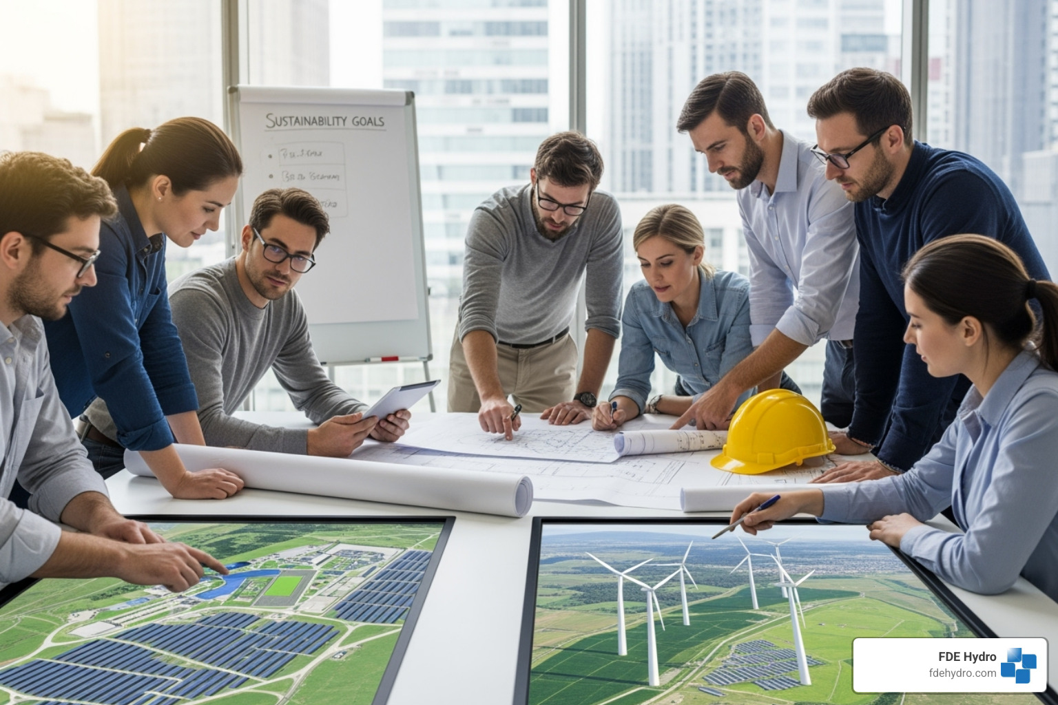 diverse group of professionals reviewing blueprints for a green energy project - sustainable infrastructure development