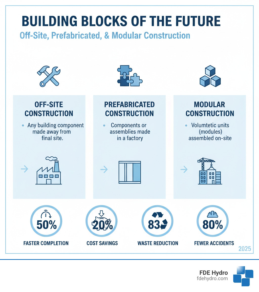 Infographic explaining the difference between off-site, prefabricated, and modular construction, with key statistics: 50% faster completion, 20% cost savings, 83% waste reduction, and 80% fewer accidents - modular construction techniques infographic 