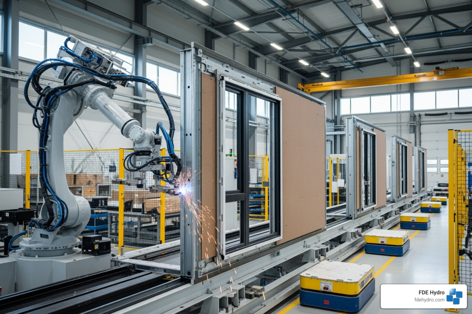 robotic arm assembling a modular component in a factory - modular construction techniques