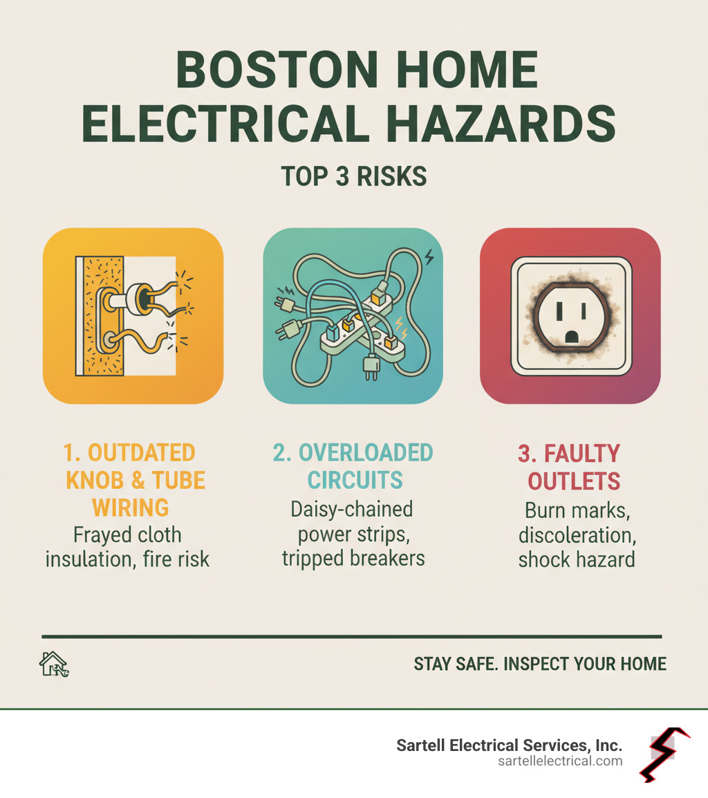 Infographic showing the top 3 electrical hazards in Boston homes: outdated knob and tube wiring systems common in historic properties with visible frayed cloth insulation, overloaded electrical circuits with multiple power strips daisy-chained together, and faulty electrical outlets showing burn marks and discoloration around the receptacle - Residential electrician Boston infographic 