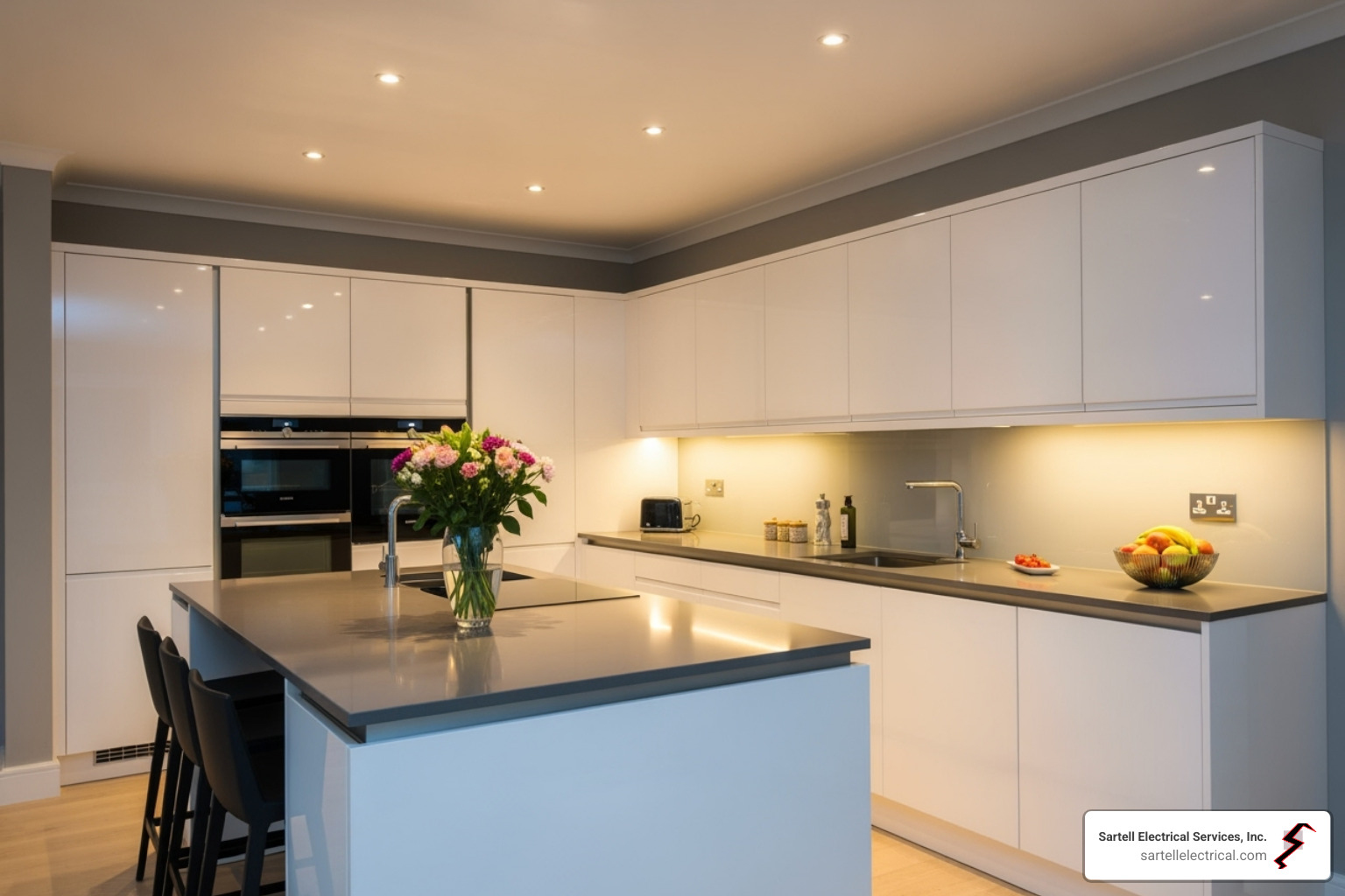 modern kitchen with recessed and under-cabinet lighting - Residential electrician Boston