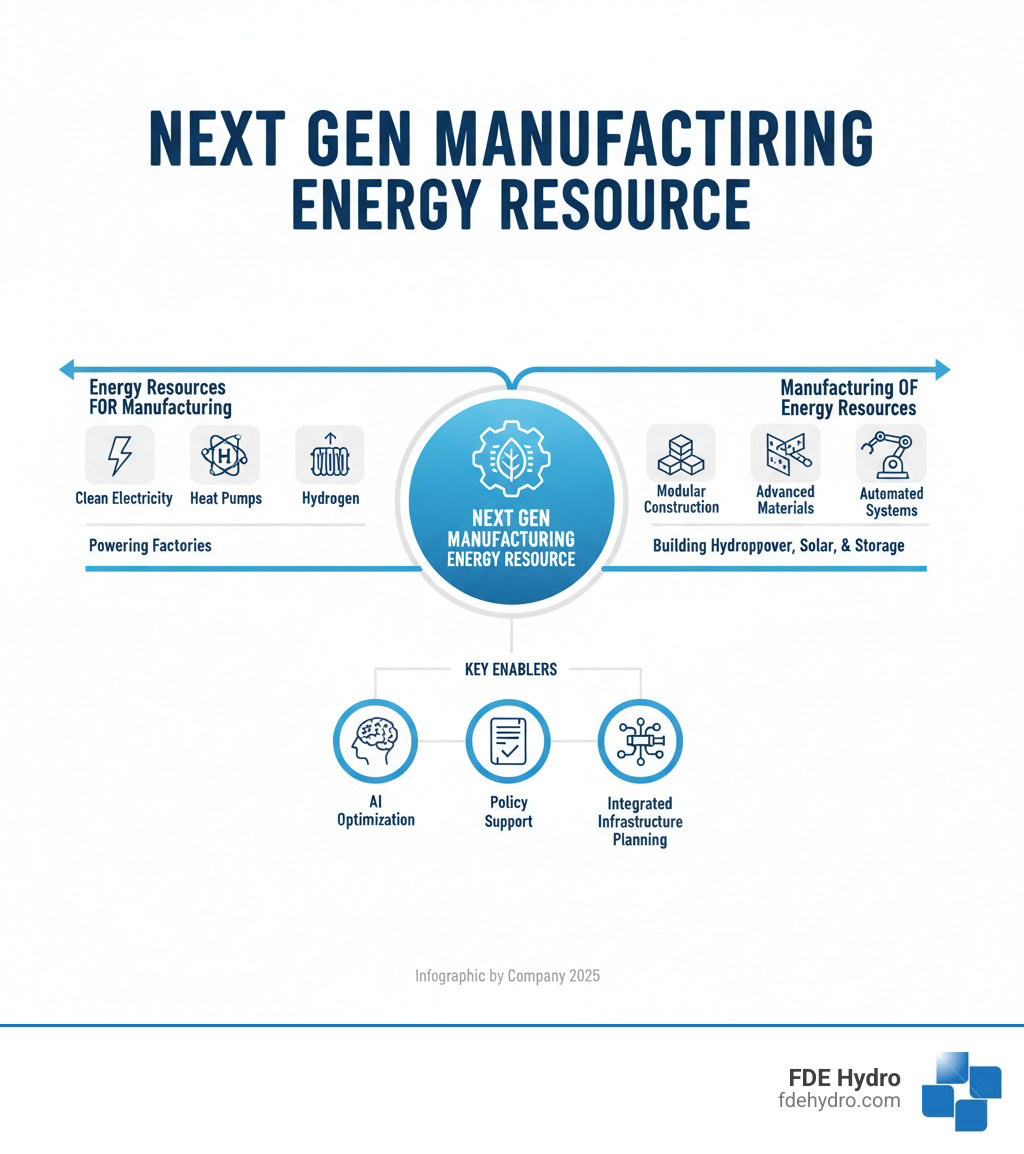 Infographic showing two pathways: 1) Energy Resources FOR Manufacturing (clean electricity, hydrogen, heat pumps powering factories) and 2) Manufacturing OF Energy Resources (modular construction, advanced materials, automated systems building hydropower, solar, and storage infrastructure). Both pathways converge on "Next Gen Manufacturing Energy Resource" with key enablers including AI optimization, policy support, and integrated infrastructure planning. - Next gen manufacturing energy resource infographic Infographic showing two pathways: 1) Energy Resources FOR Manufacturing (clean electricity, hydrogen, heat pumps powering factories) and 2) Manufacturing OF Energy Resources (modular construction, advanced materials, automated systems building hydropower, solar, and storage infrastructure). Both pathways converge on "Next Gen Manufacturing Energy Resource" with key enablers including AI optimization, policy support, and integrated infrastructure planning. - Next gen manufacturing energy resource infographic