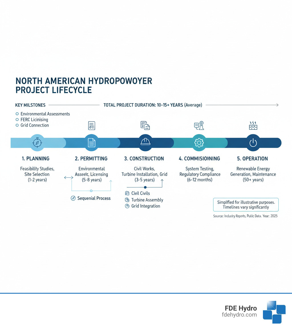 infographic showing hydropower construction process from planning through permitting, construction, commissioning to operation, with typical timelines and key milestones for North American projects including environmental assessments, FERC licensing, civil works, turbine installation, and grid connection - hydropower construction North America infographic 