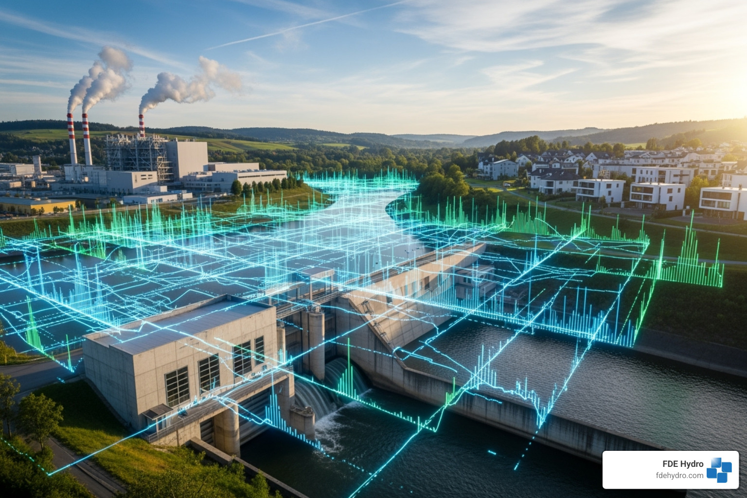 digital grid with data flowing between industrial sites, hydropower plants, and homes - Next gen manufacturing energy resource digital grid with data flowing between industrial sites, hydropower plants, and homes - Next gen manufacturing energy resource
