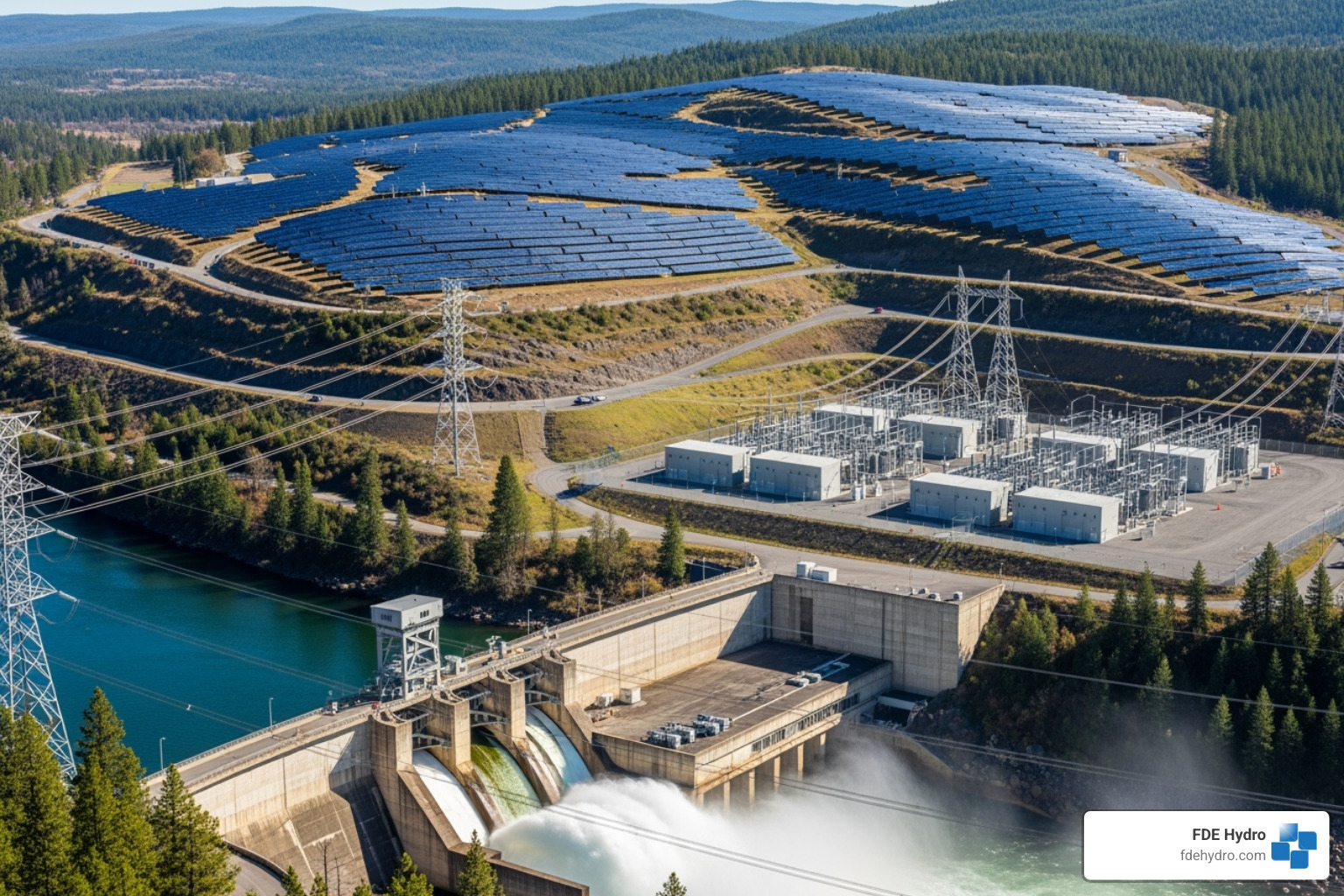 diverse energy landscape including a hydropower dam, battery storage facility, and solar integration - Next gen manufacturing energy resource diverse energy landscape including a hydropower dam, battery storage facility, and solar integration - Next gen manufacturing energy resource