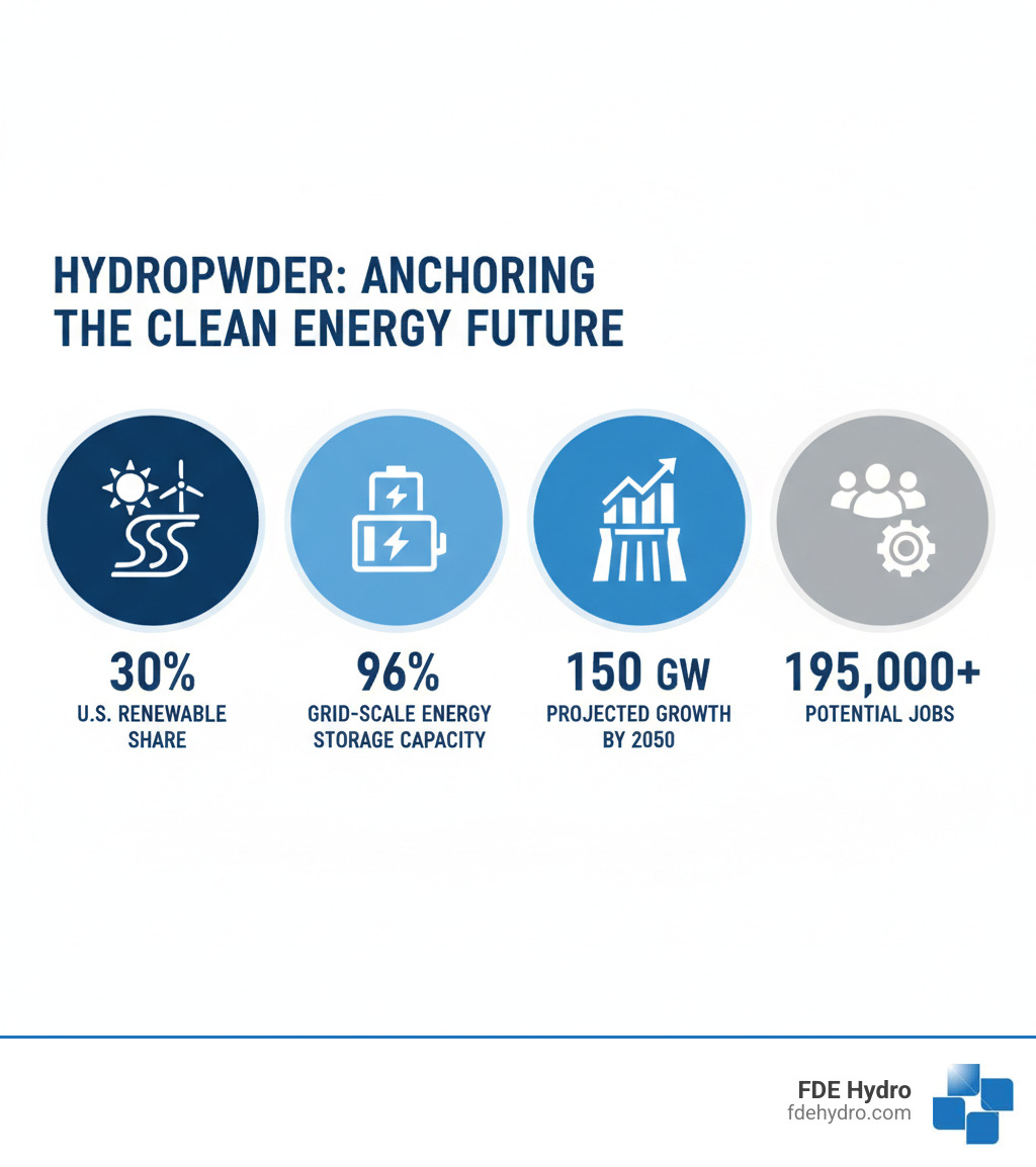 infographic showing hydropower's 30% share of U.S. renewable electricity, 96% of grid-scale energy storage capacity, projected growth to 150 GW by 2050, and 195,000 potential jobs - future of hydropower infographic 