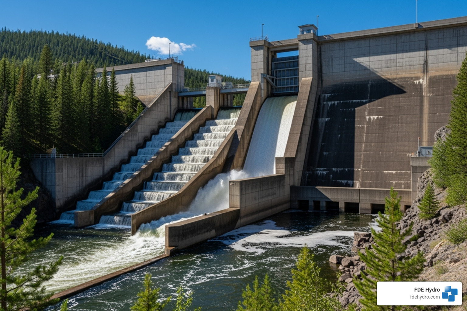 fish ladder next to a dam - hydropower construction North America