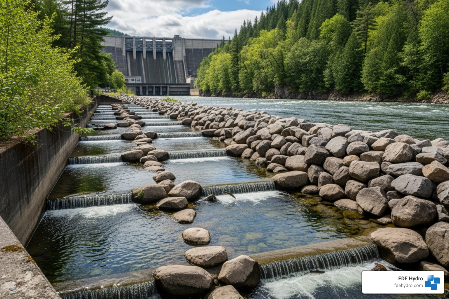 Fish ladder - hydroelectric dam design