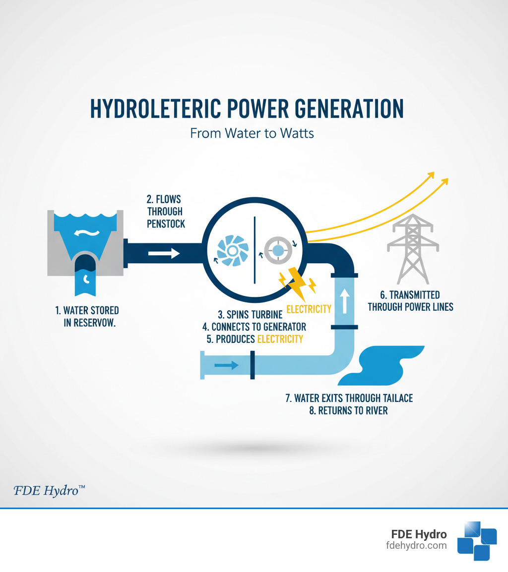 Infographic showing the hydroelectric power generation process: water stored in reservoir flows through penstock, spins turbine connected to generator, produces electricity transmitted through power lines, while water exits through tailrace back to river - hydroelectric dam design infographic 