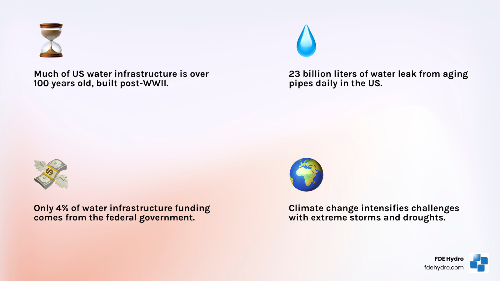 Infographic showing the key challenges facing US water infrastructure: aging pipes (some over 100 years old, built post-WWII), 23 billion liters of daily water loss from leaks, only 4% federal funding compared to other infrastructure sectors, 4 billion people experiencing severe water scarcity, climate change impacts including floods and droughts, and 52,000 community water systems with 80% serving small populations - water infrastructure solutions infographic 4_facts_emoji_light-gradient Infographic showing the key challenges facing US water infrastructure: aging pipes (some over 100 years old, built post-WWII), 23 billion liters of daily water loss from leaks, only 4% federal funding compared to other infrastructure sectors, 4 billion people experiencing severe water scarcity, climate change impacts including floods and droughts, and 52,000 community water systems with 80% serving small populations - water infrastructure solutions infographic 4_facts_emoji_light-gradient