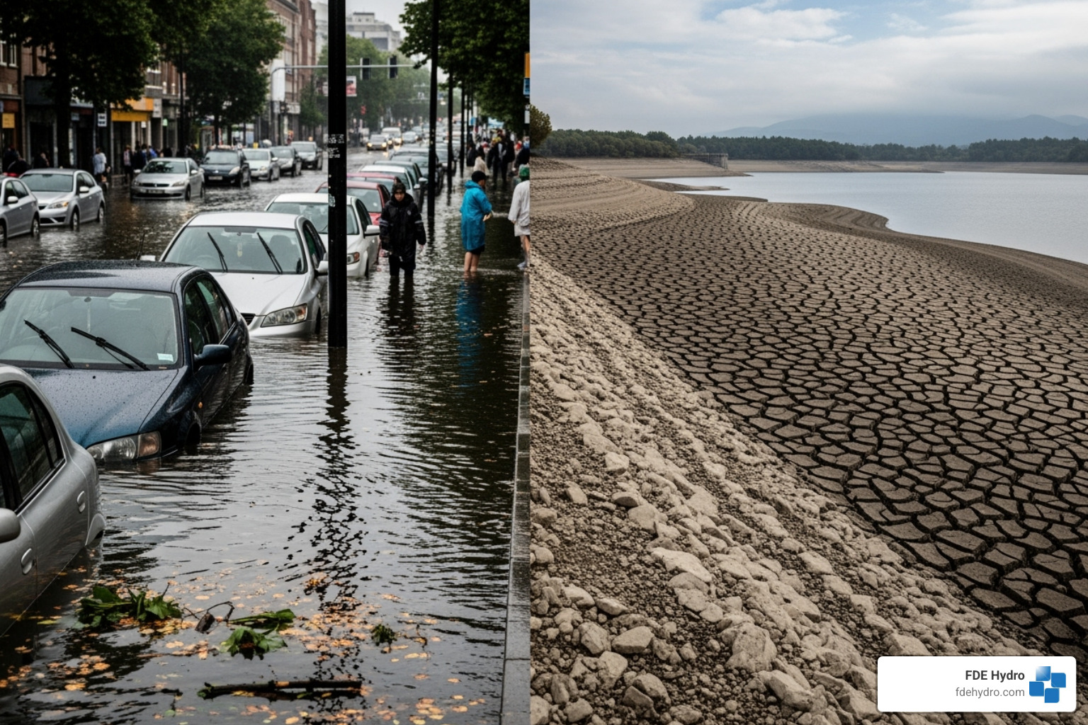 of a flooded urban street next to a dried-up reservoir - water infrastructure solutions of a flooded urban street next to a dried-up reservoir - water infrastructure solutions