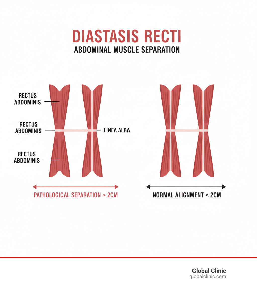 infographic showing cross-section of abdomen with separated rectus abdominis muscles on left and normal alignment on right, with labels for linea alba, rectus abdominis, and measurement indicators showing normal separation versus pathological separation greater than 2cm - diastasis recti therapies infographic infographic showing cross-section of abdomen with separated rectus abdominis muscles on left and normal alignment on right, with labels for linea alba, rectus abdominis, and measurement indicators showing normal separation versus pathological separation greater than 2cm - diastasis recti therapies infographic
