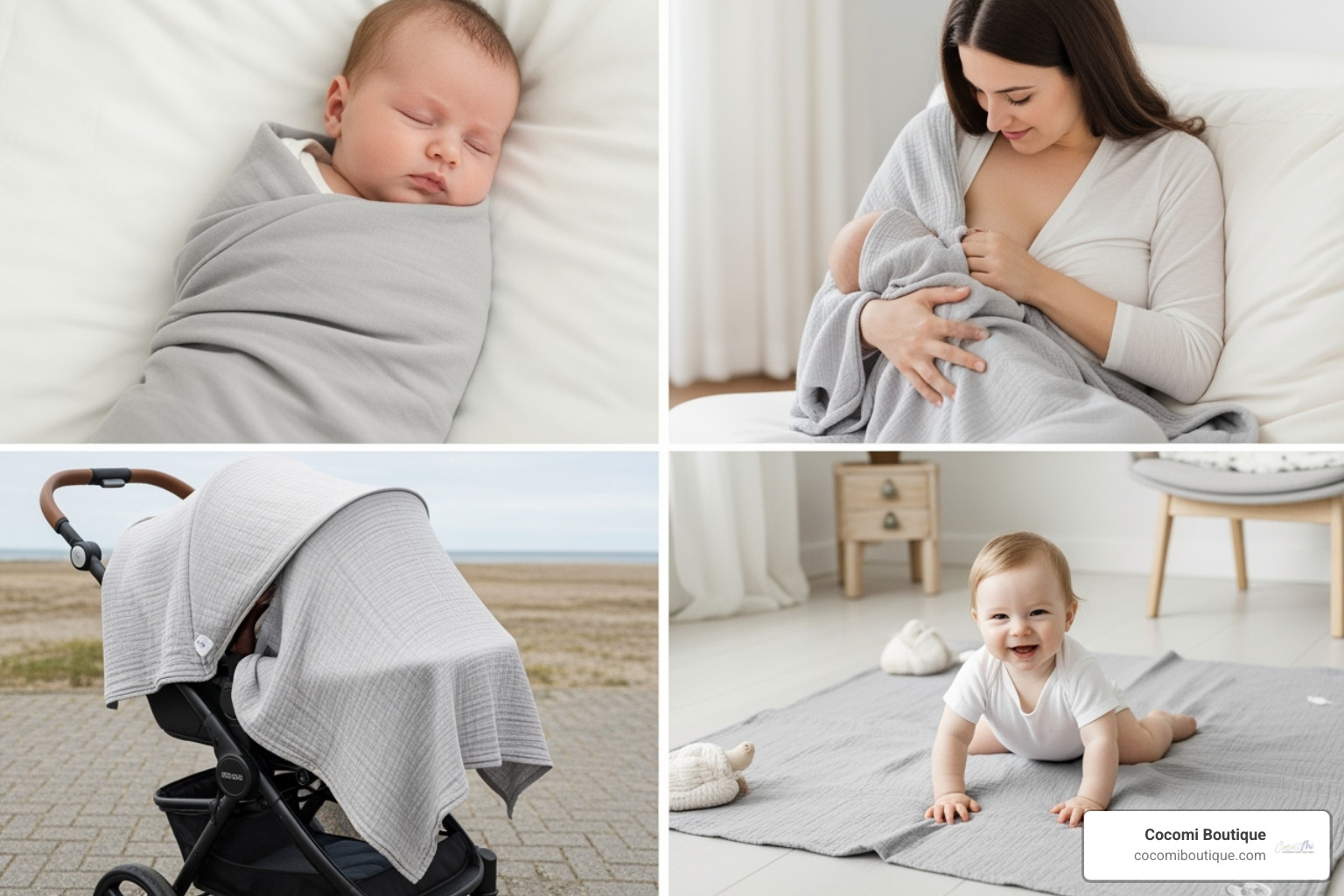 collage showing a muslin blanket used as a swaddle, a nursing cover, a stroller cover, and a playmat - muslin baby blankets