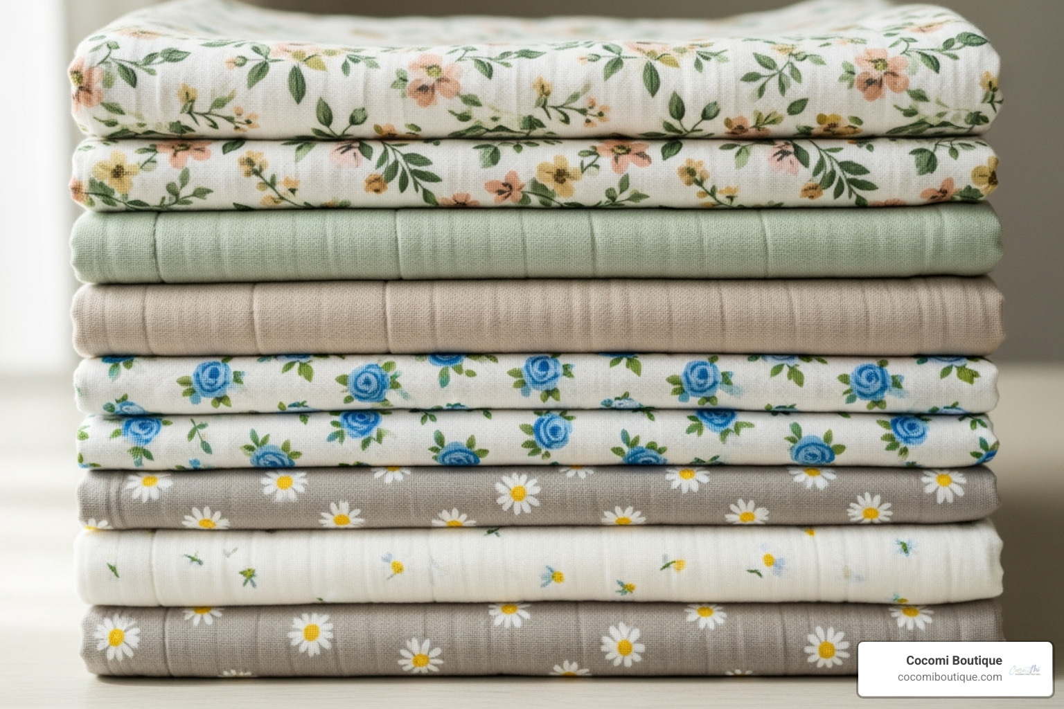 stack of neatly folded muslin blankets in various floral and neutral patterns - muslin baby blankets