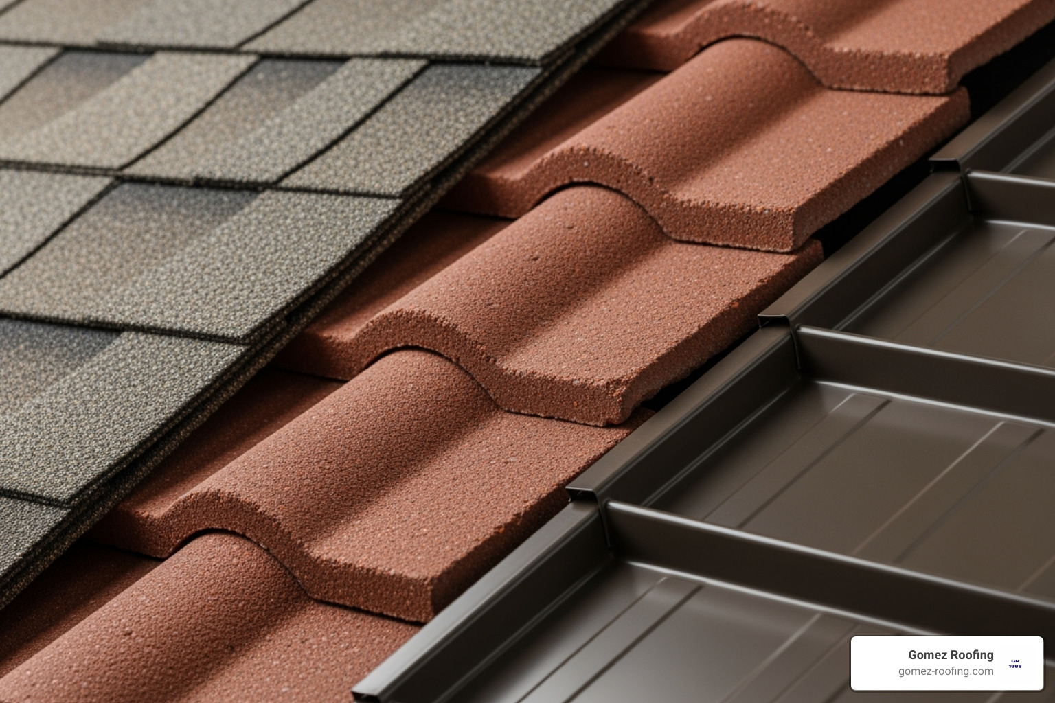 samples of asphalt shingles, concrete tiles, and metal roofing panels - Broward County roof replacement
