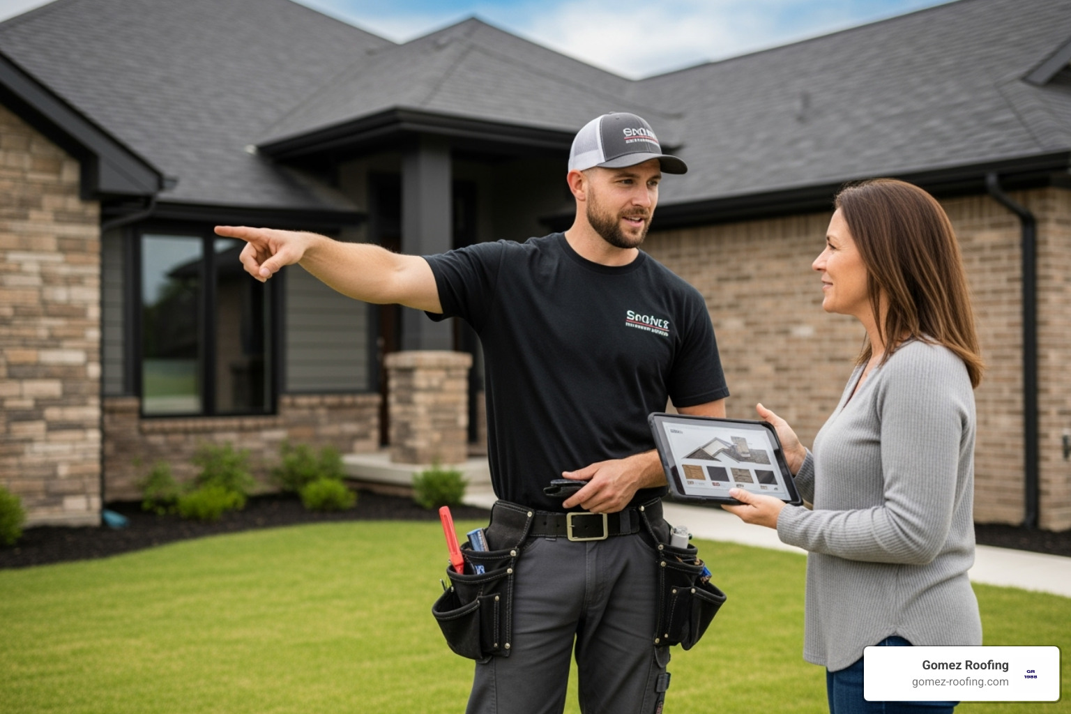 a friendly, professional roofer consulting with a homeowner - Broward County roof replacement