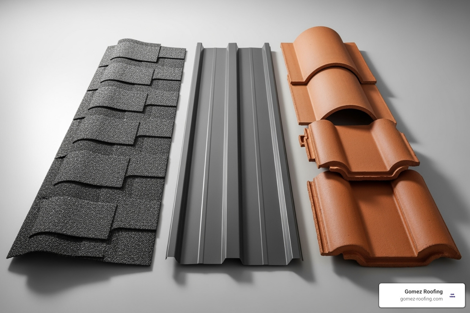 side-by-side samples of shingle, metal, and tile roofing materials - Palm Beach roof replacement