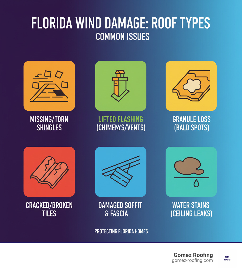 Infographic showing common types of wind damage to Florida roofs including missing or torn shingles, lifted or damaged flashing around chimneys and vents, granule loss creating bald spots on shingles, cracked or broken tiles, damaged soffit and fascia, and water stains on ceilings indicating leaks - Licensed roof repair infographic Infographic showing common types of wind damage to Florida roofs including missing or torn shingles, lifted or damaged flashing around chimneys and vents, granule loss creating bald spots on shingles, cracked or broken tiles, damaged soffit and fascia, and water stains on ceilings indicating leaks - Licensed roof repair infographic