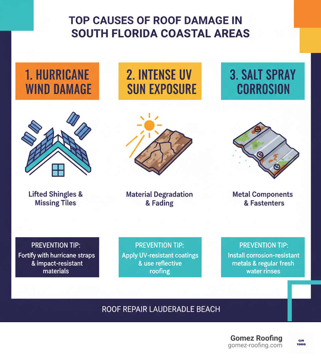 infographic showing the top causes of roof damage in South Florida coastal areas: Category 1 - Hurricane wind damage with lifted shingles and missing tiles, Category 2 - Intense UV sun exposure causing material degradation and fading, Category 3 - Salt spray corrosion affecting metal components and fasteners, with prevention tips for each - Roof Repair Lauderdale Beach infographic 