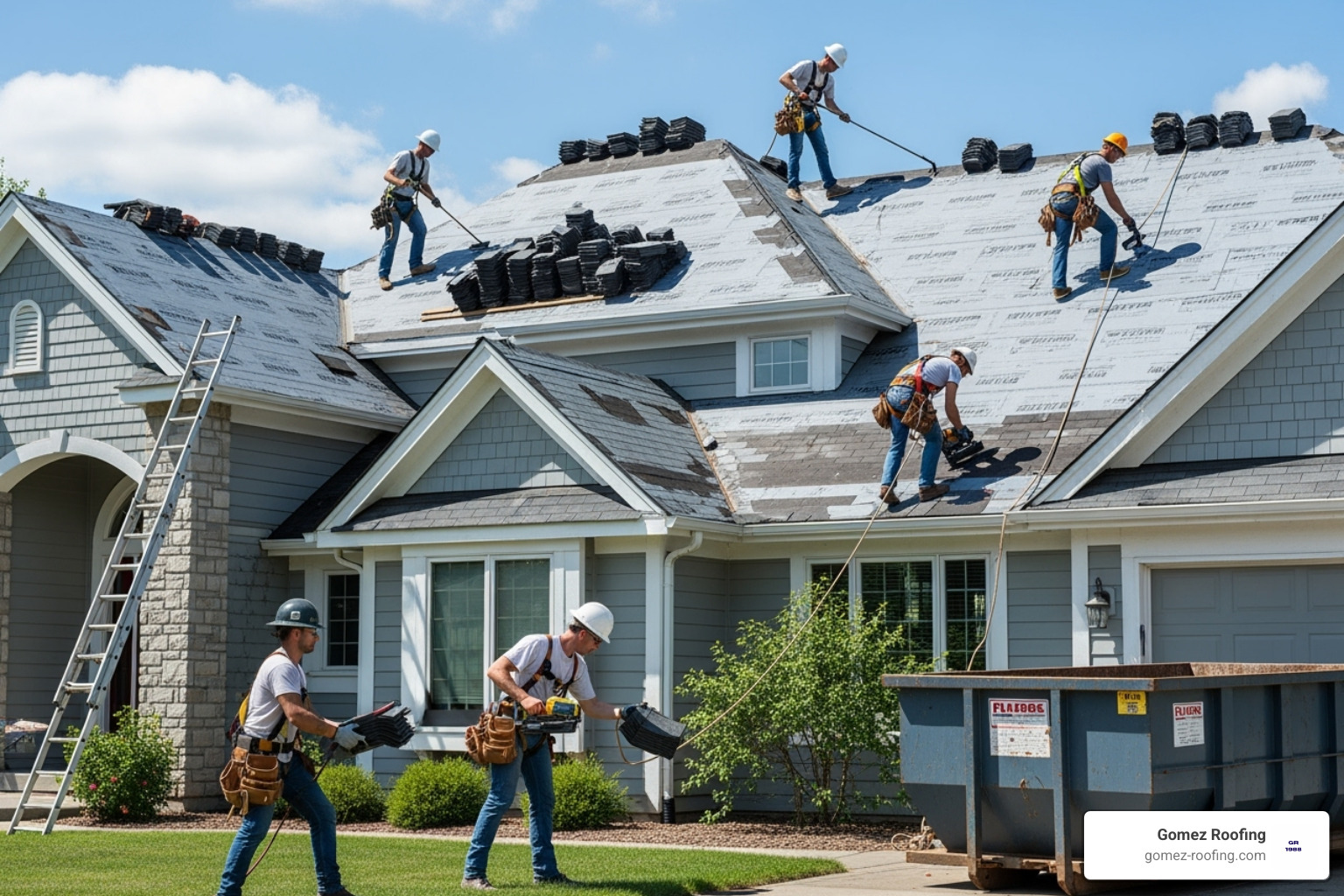 roofing team safely working on a residential roof replacement project - Palm Beach roof replacement