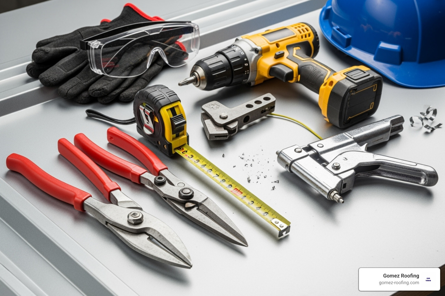 Essential metal roofing tools laid out on a clean surface, including snips, a drill, and safety gear - galvalume metal roof installation
