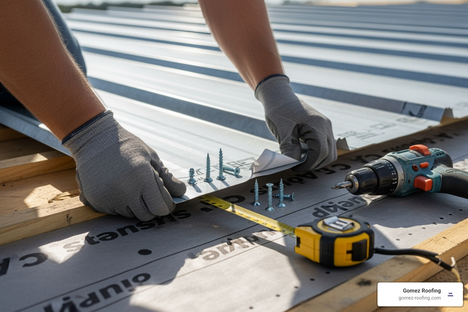 The first Galvalume panel being carefully aligned and fastened to the roof - galvalume metal roof installation