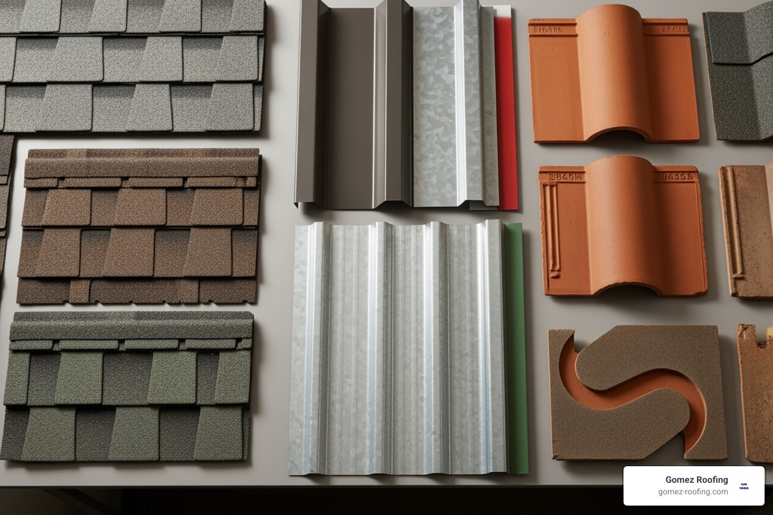 of various roofing material samples like asphalt shingles, metal, and tile - Licensed roof repair of various roofing material samples like asphalt shingles, metal, and tile - Licensed roof repair