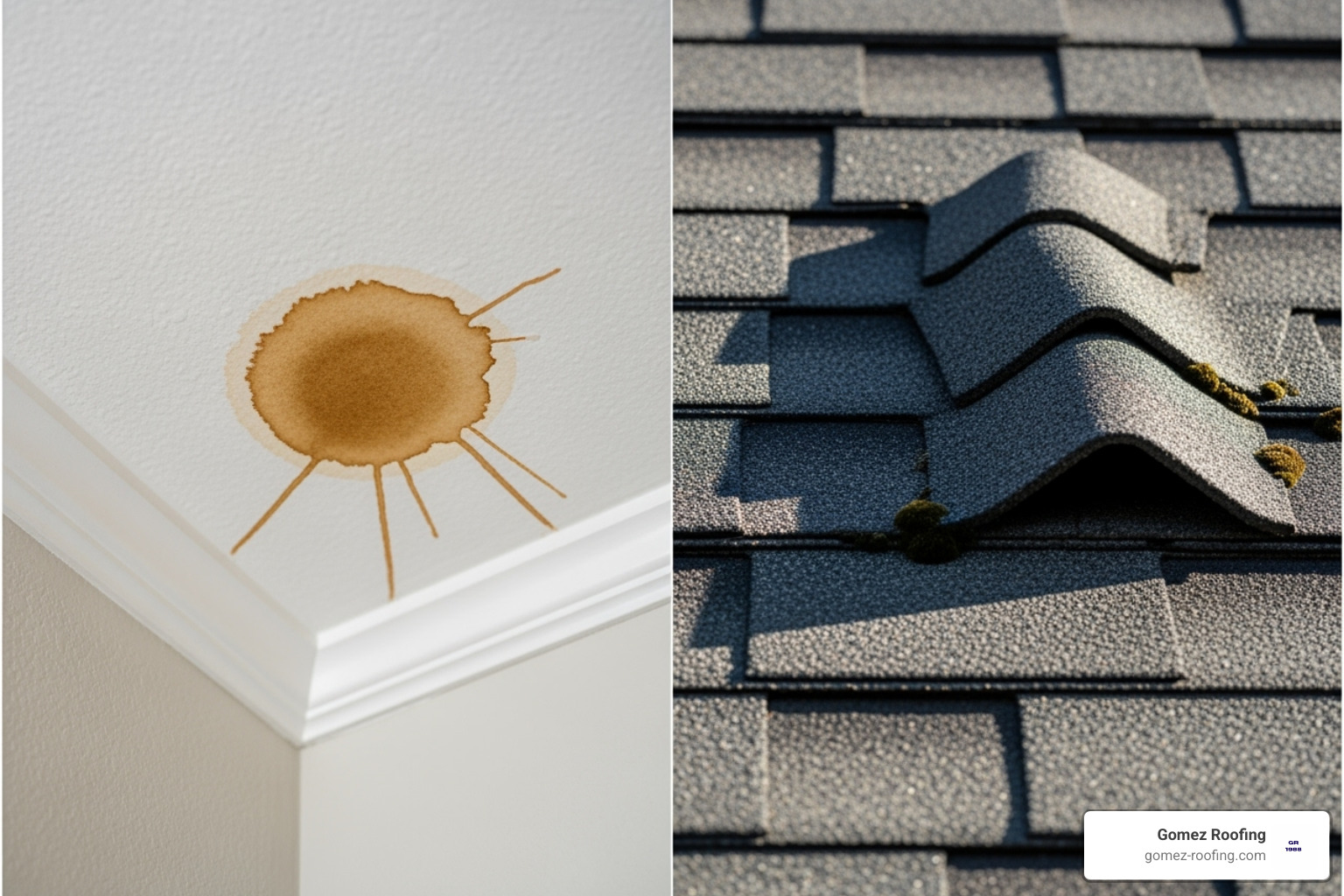 curling shingles and a water stain on a ceiling - residential roof repair pompano beach fl