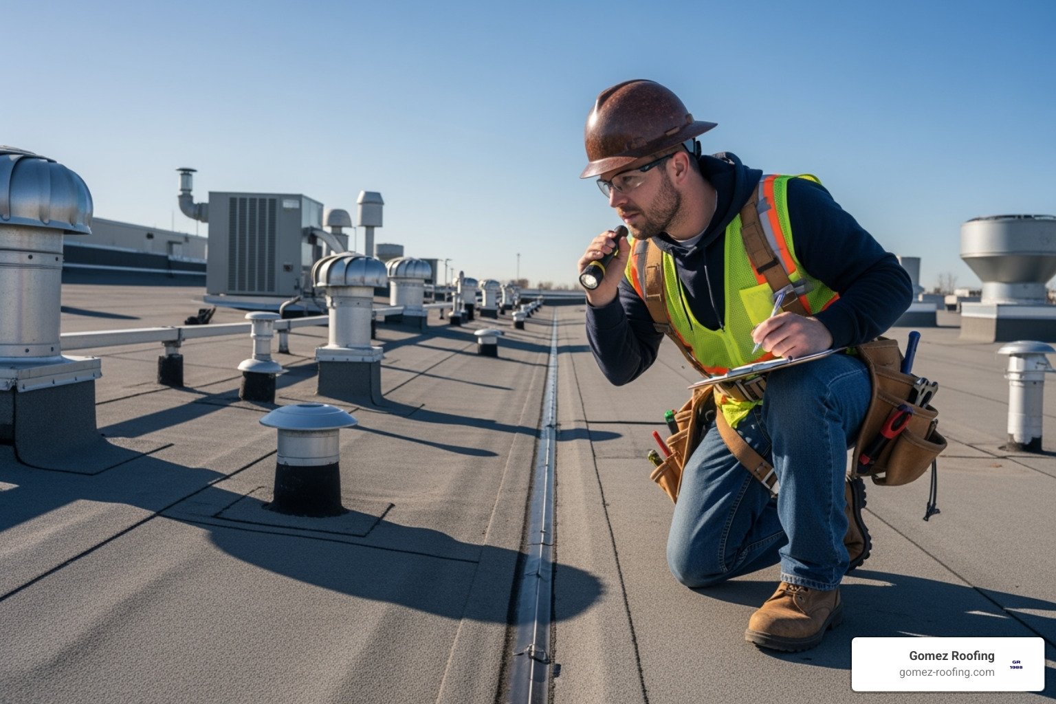 roofer performing a routine maintenance check on a commercial roof - commercial roof repair near me pompano beach fl