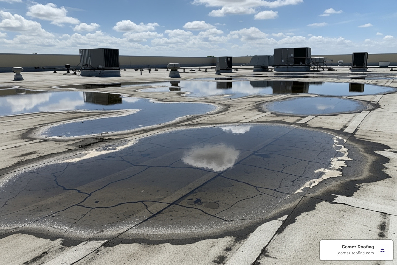 damaged commercial flat roof showing ponding water - commercial roof repair near me pompano beach fl