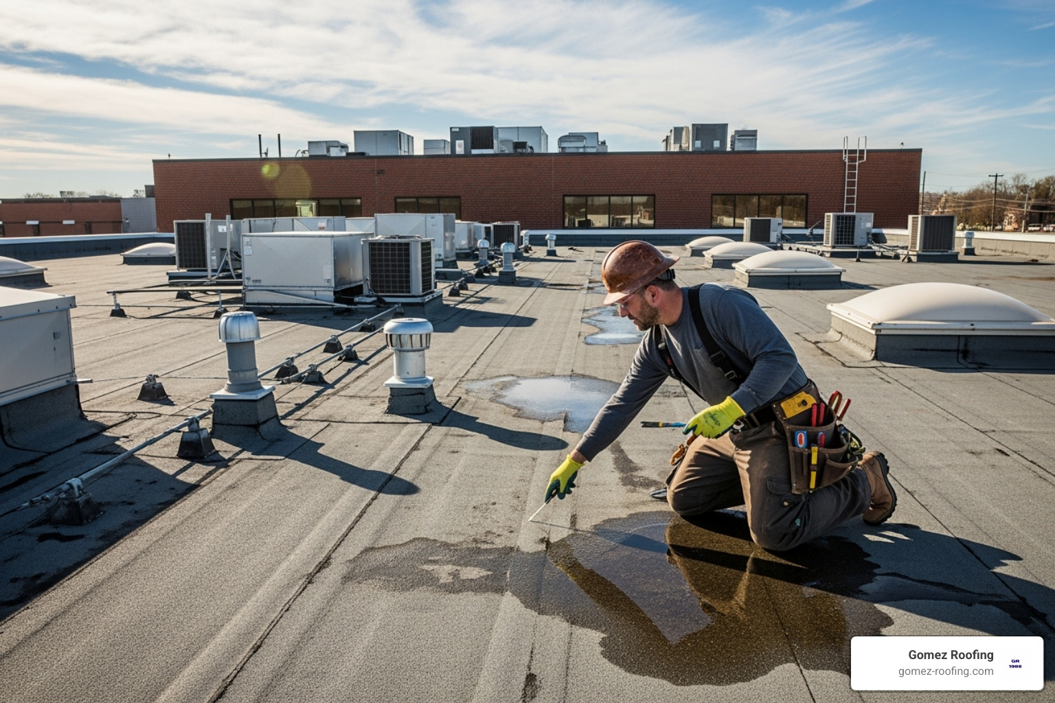 professional roofer inspecting a commercial roof - commercial roof repair near me pompano beach fl