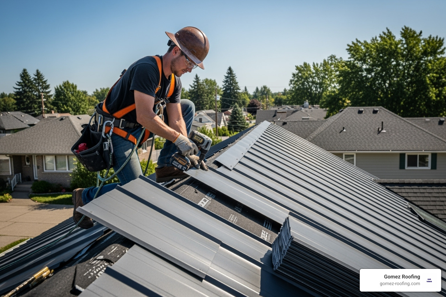 roofer installing metal shingle panel on roof - metal shingle roof installation roofer installing metal shingle panel on roof - metal shingle roof installation