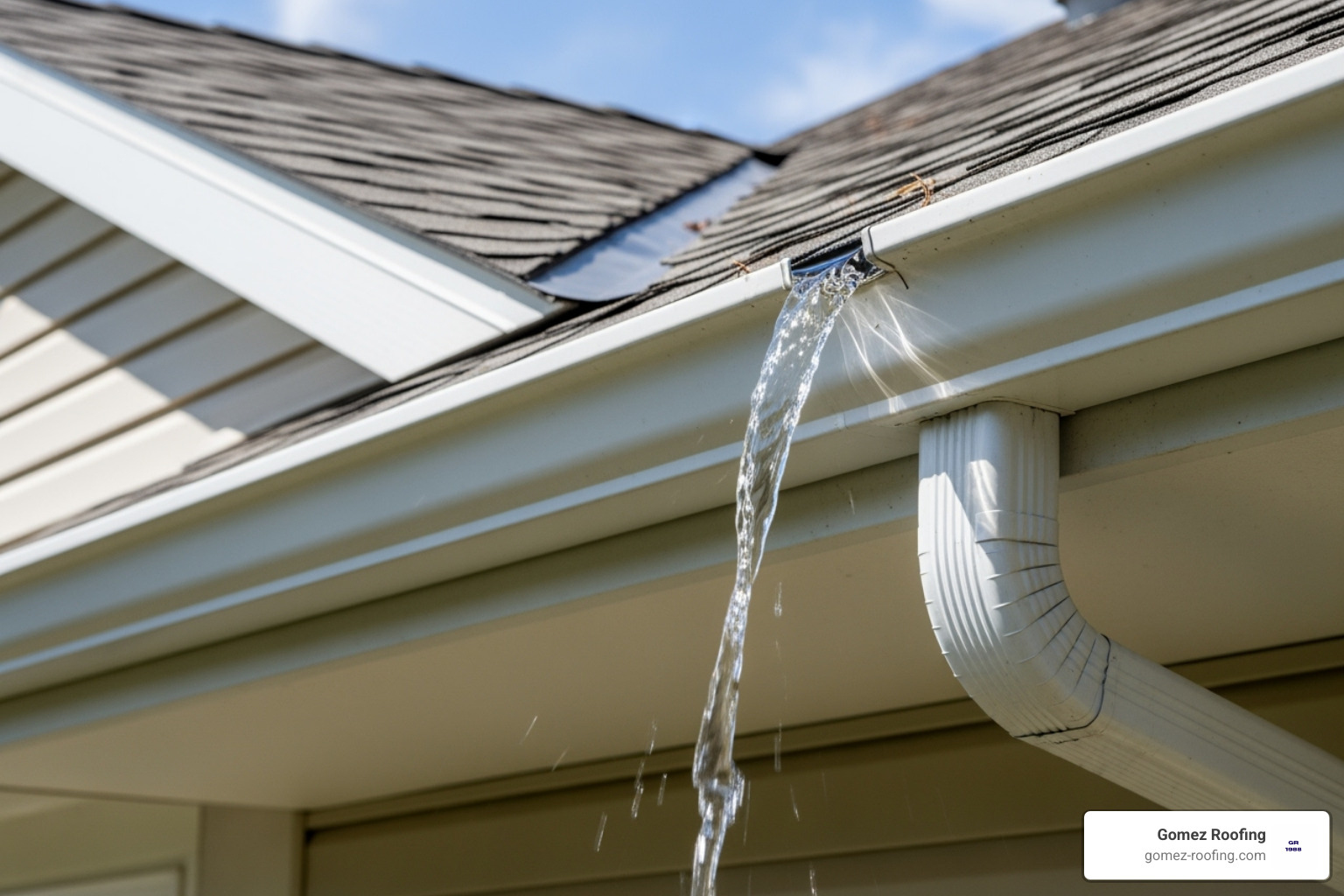 Clean gutters with water flowing freely - Preventative roof maintenance
