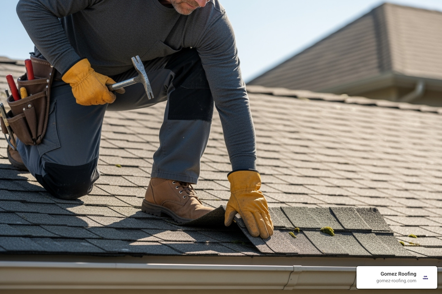 Roofer inspecting shingles up close - Preventative roof maintenance