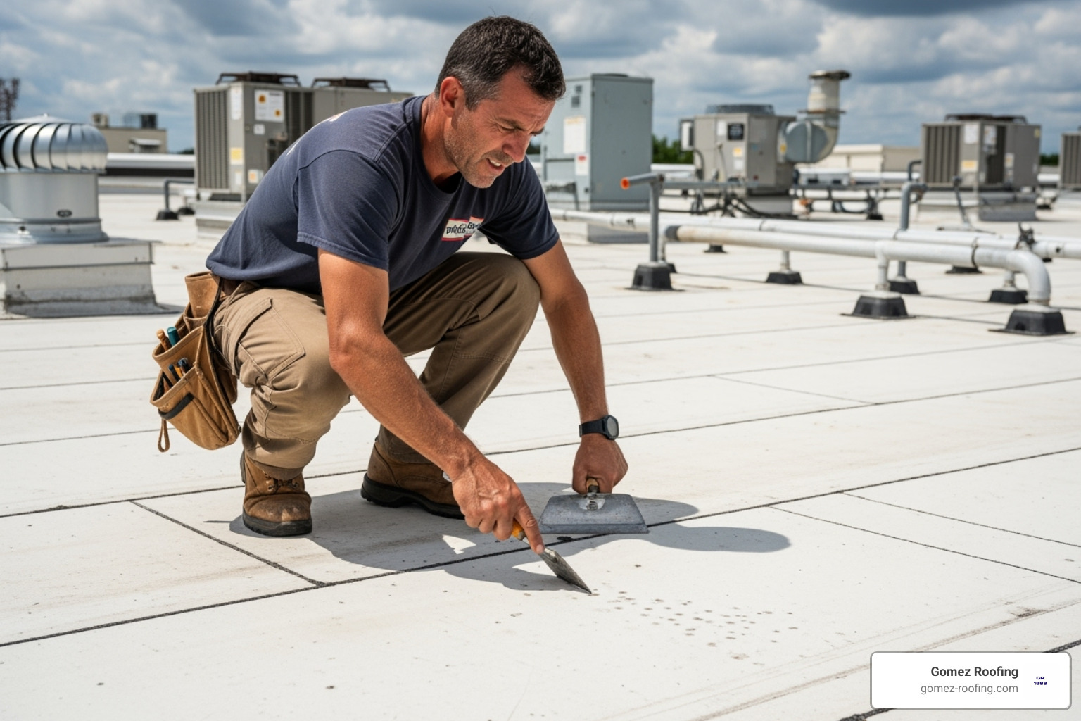 Roofer inspecting hail damage on a TPO roof membrane - storm damage roof repair