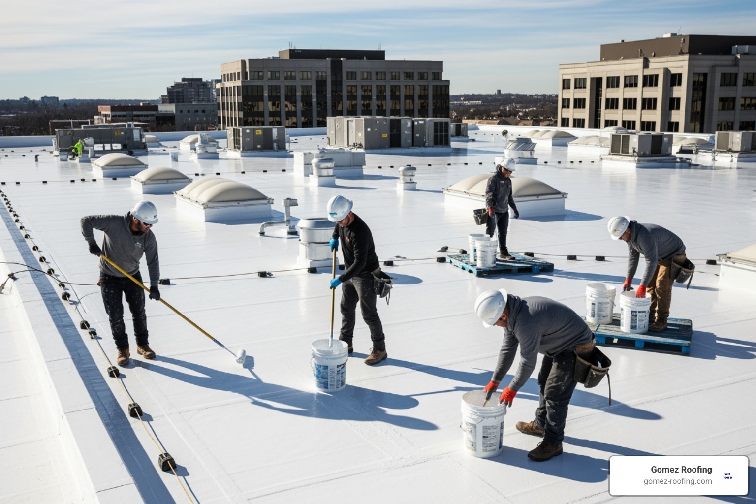 of a roofing team applying a reflective roof coating - Commercial roofing Broward of a roofing team applying a reflective roof coating - Commercial roofing Broward