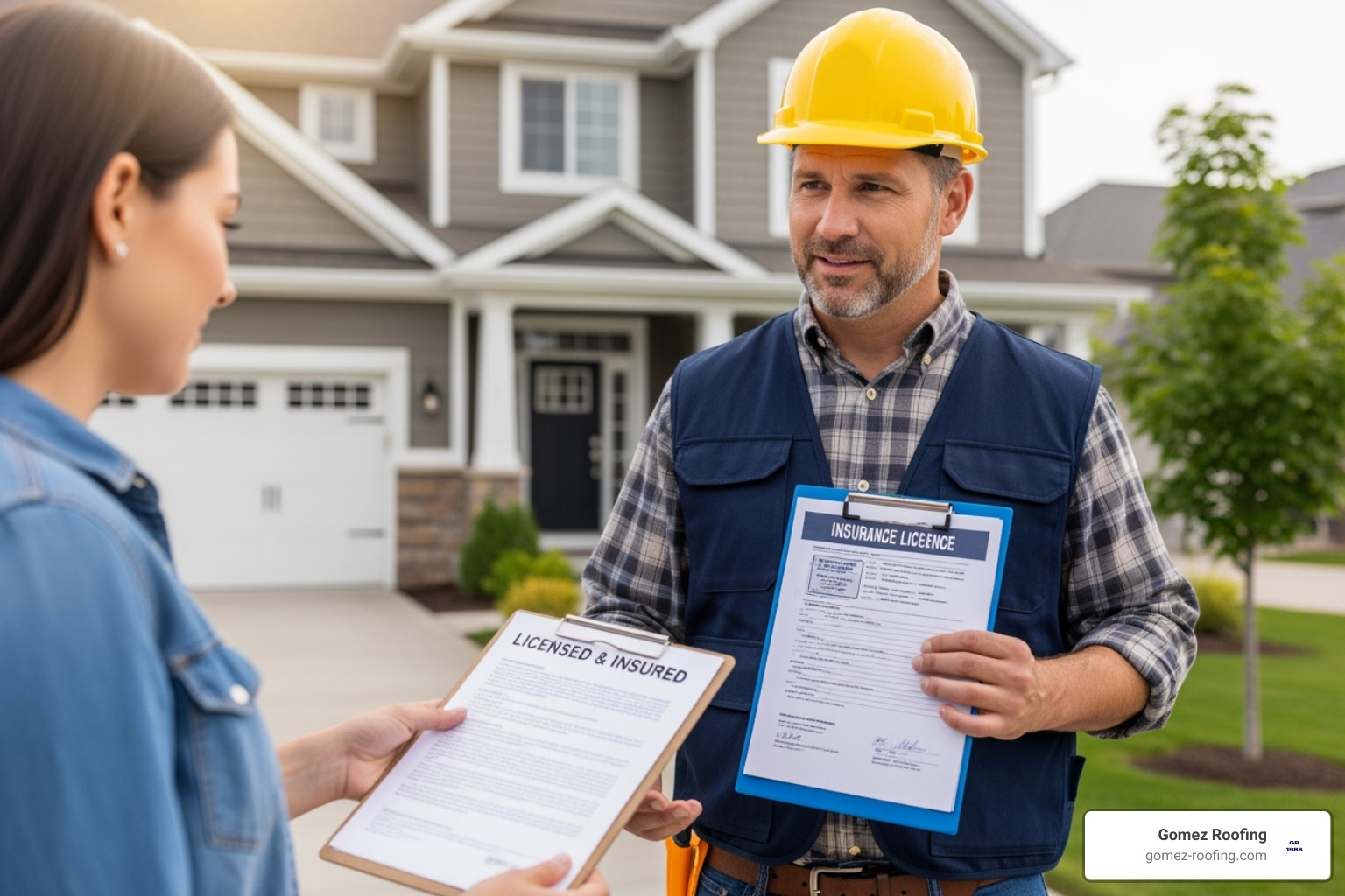 contractor showing license and insurance documents to homeowner - florida roofing company