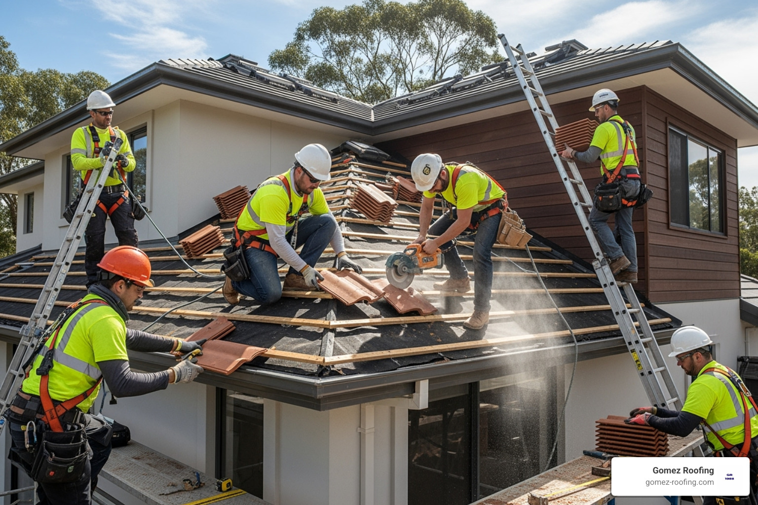 A professional roofing team installing a tile roof with safety gear - tile roof Pompano Beach A professional roofing team installing a tile roof with safety gear - tile roof Pompano Beach