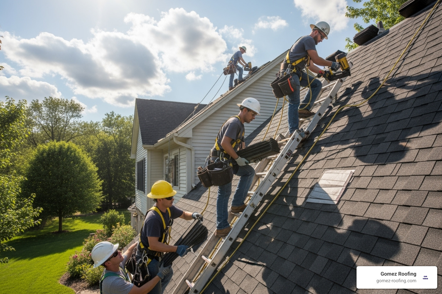roofers working steep pitched roof safety harnesses - roof replacement cost Florida