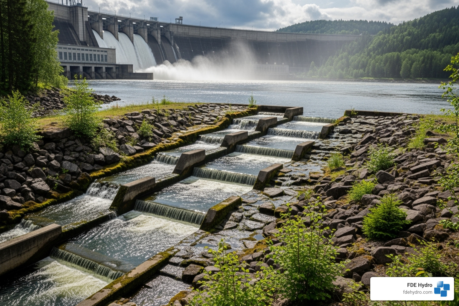 fish ladder next to a dam - hydropower innovation