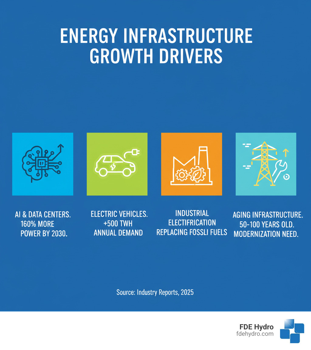 Infographic showing the three drivers of energy infrastructure growth: AI and data centers requiring 160% more power by 2030, electric vehicle adoption adding 500 TWh of annual electricity demand, and industrial electrification replacing fossil fuels across manufacturing sectors, alongside the need to modernize aging infrastructure built 50-100 years ago - Energy infrastructure development infographic 