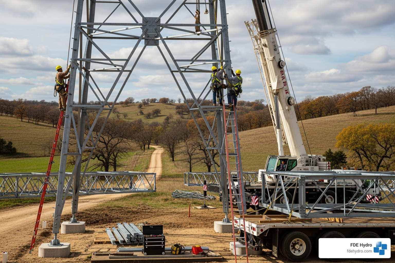 workers constructing a large transmission tower - Energy infrastructure development