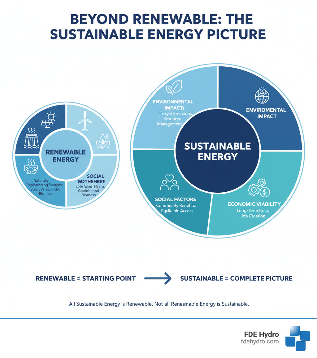 Infographic comparing renewable and sustainable energy: Renewable energy is defined by naturally replenishing sources including solar panels, wind turbines, hydroelectric dams, geothermal heat, and biomass. Sustainable energy includes all renewable sources but adds three critical dimensions: Environmental impact showing lifecycle emissions and resource management, Social factors including community benefits and equitable access, and Economic viability demonstrating long-term cost effectiveness and job creation. The graphic shows sustainable energy as the complete picture while renewable energy is just the starting point. - sustainable power generation infographic 