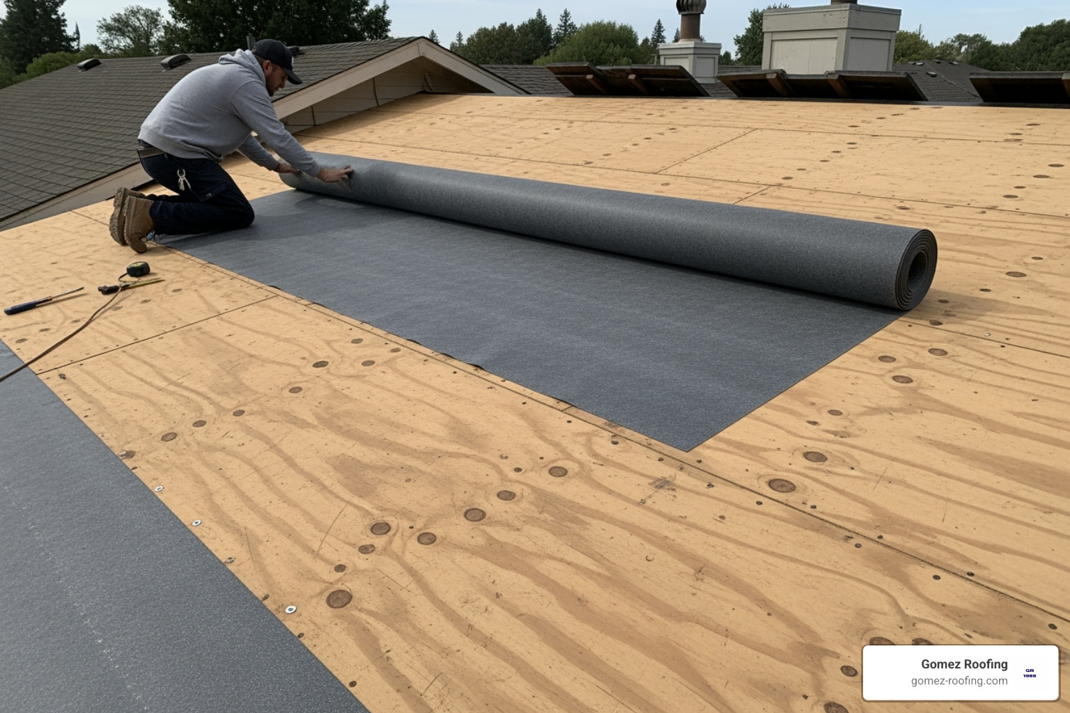 roof deck being prepared, showing new underlayment being rolled out - residential metal roof installation roof deck being prepared, showing new underlayment being rolled out - residential metal roof installation