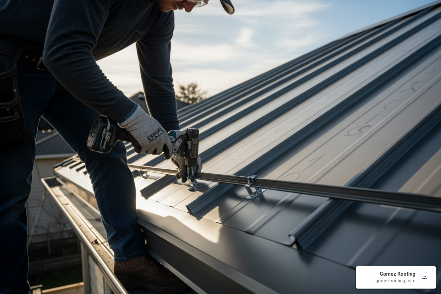 roofer carefully fastening a standing seam metal panel near a roof edge - residential metal roof installation roofer carefully fastening a standing seam metal panel near a roof edge - residential metal roof installation
