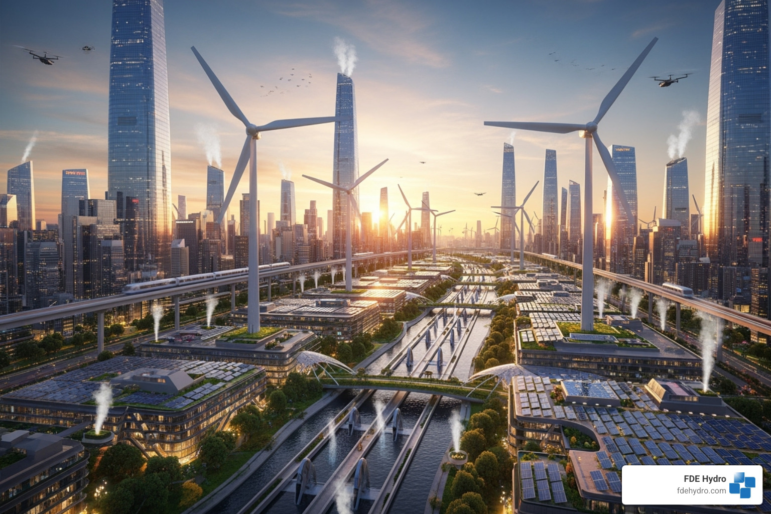 A futuristic city powered by integrated renewable sources - sustainable power generation