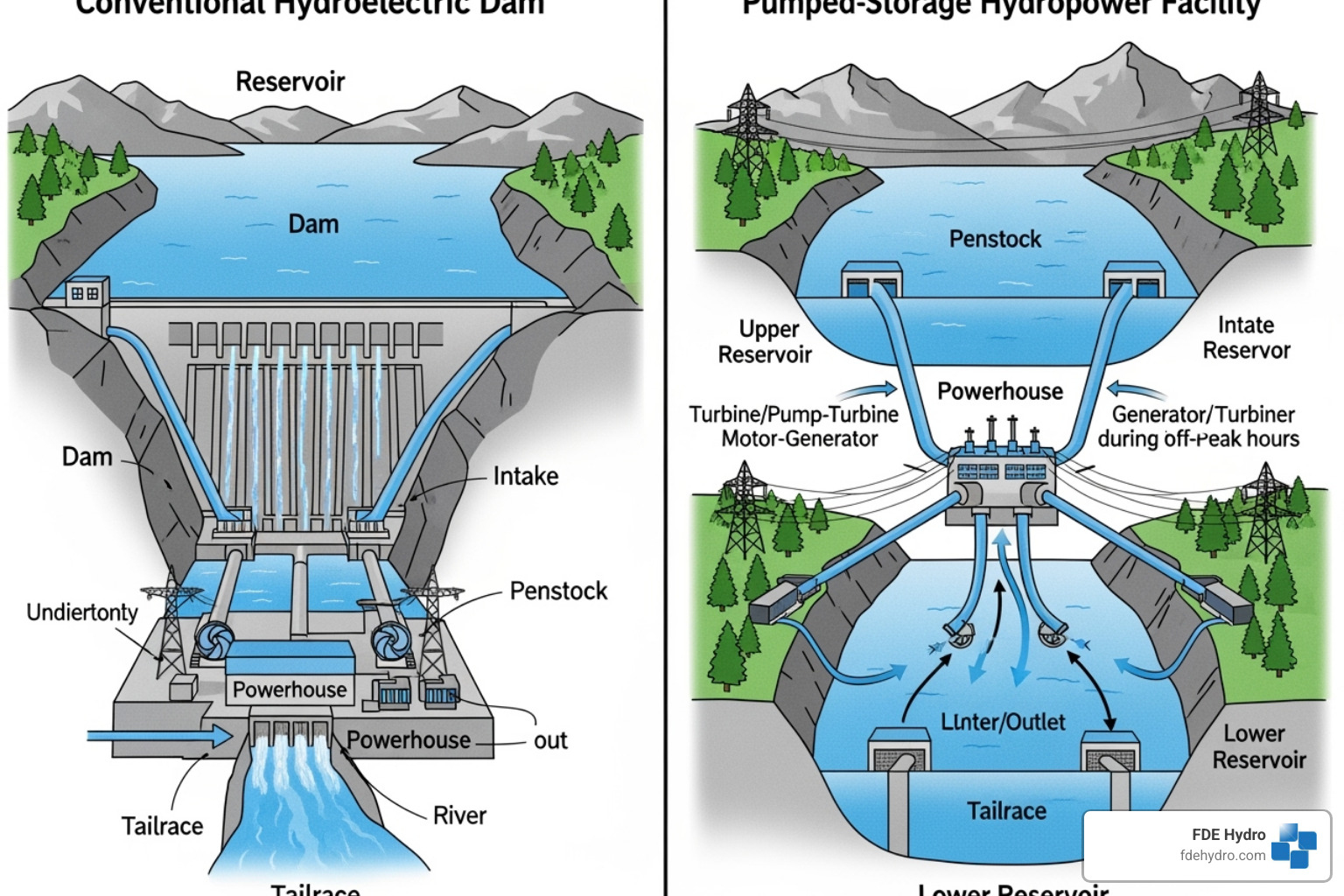 diagram comparing a conventional dam to a pumped-storage facility - hydroelectric dam efficiency