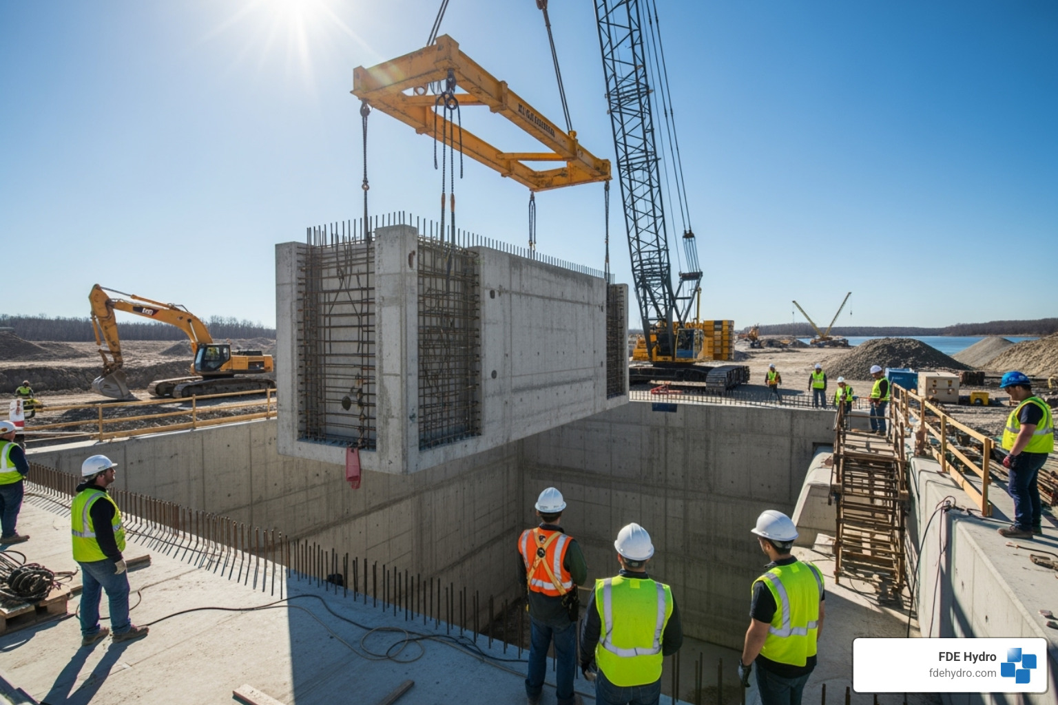 A modern, modular dam component being installed - benefits of hydropower plant