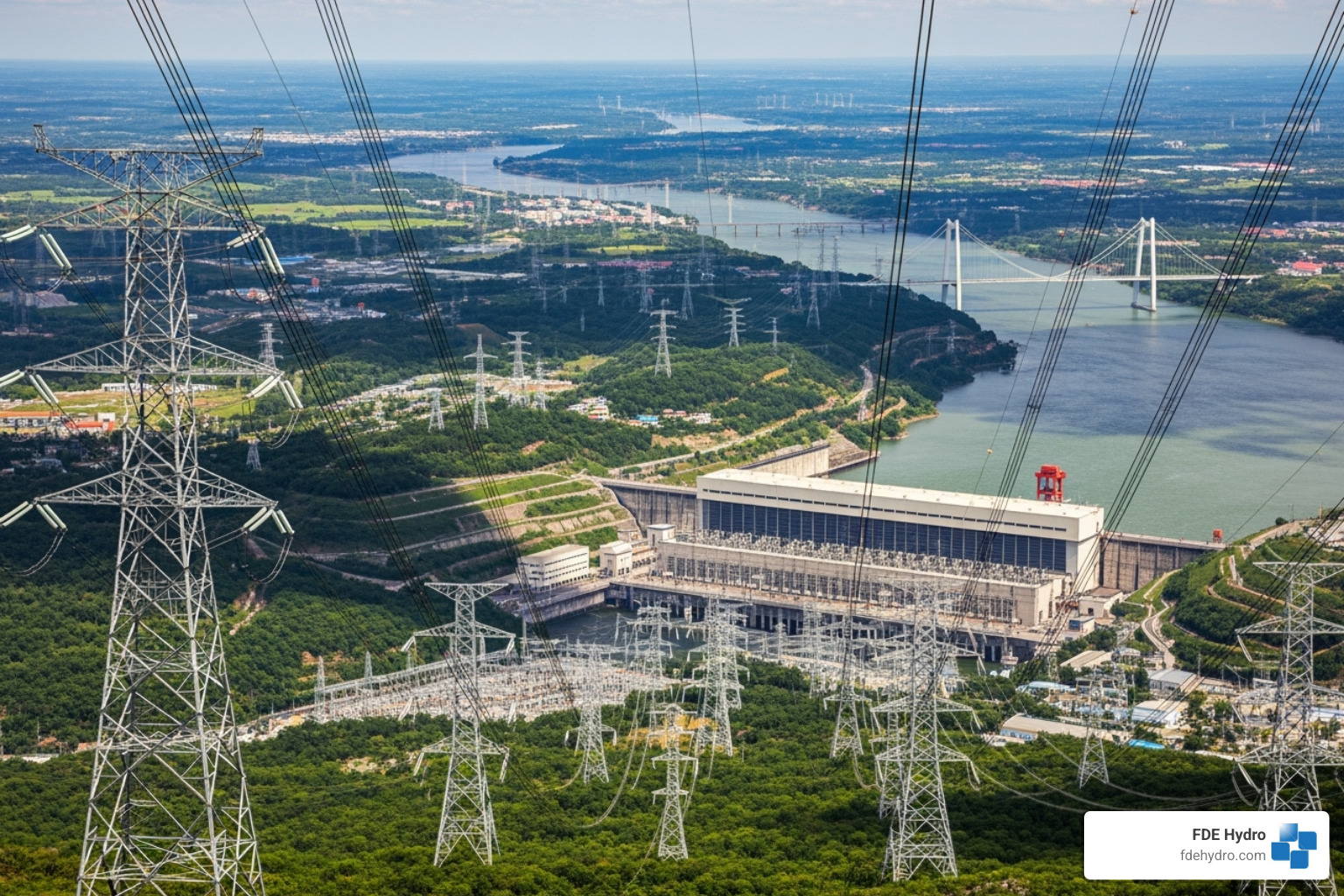 An electrical grid with lines extending from a hydropower source - benefits of hydropower plant
